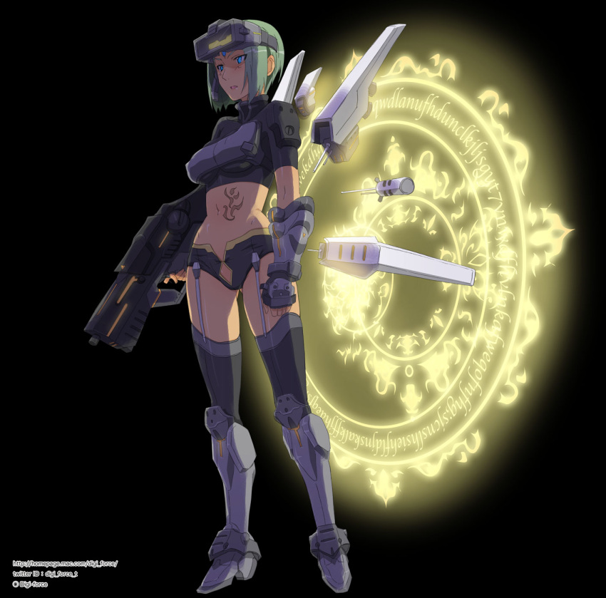arksign, armor, assault_rifle, blue_eyes, detached_wings, ellison, gauntlets, glowing