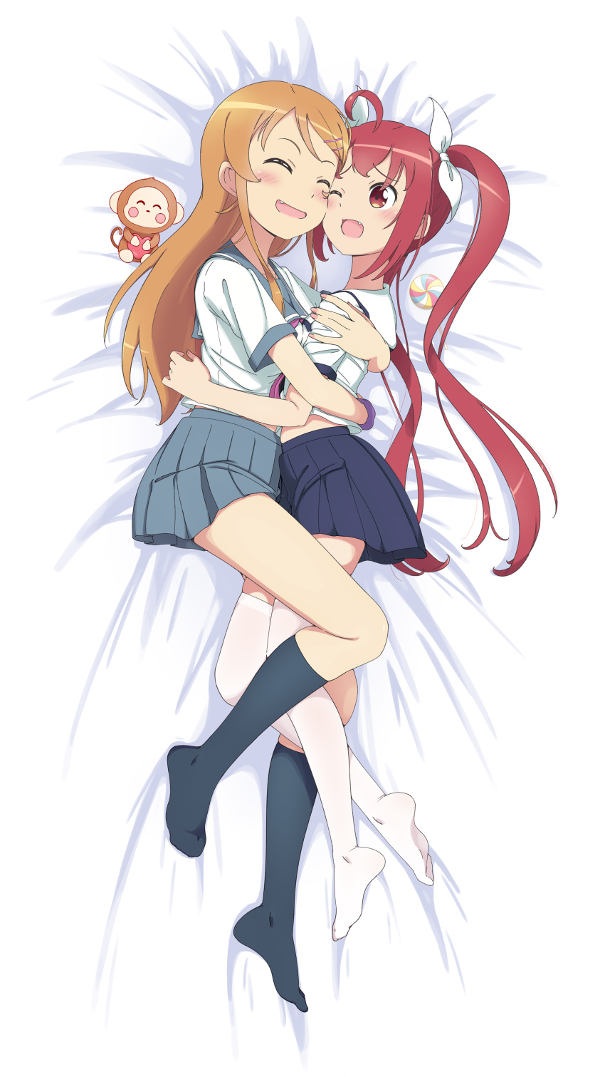 2girls, :d, ;), absurdres, ahoge, bed_sheet, blue_skirt, blue_socks