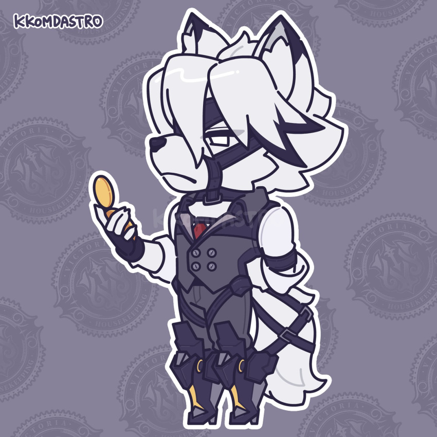 1boy, animal_ears, arm_behind_back, artist_name, ascot, bicep_strap, black_gloves, chibi