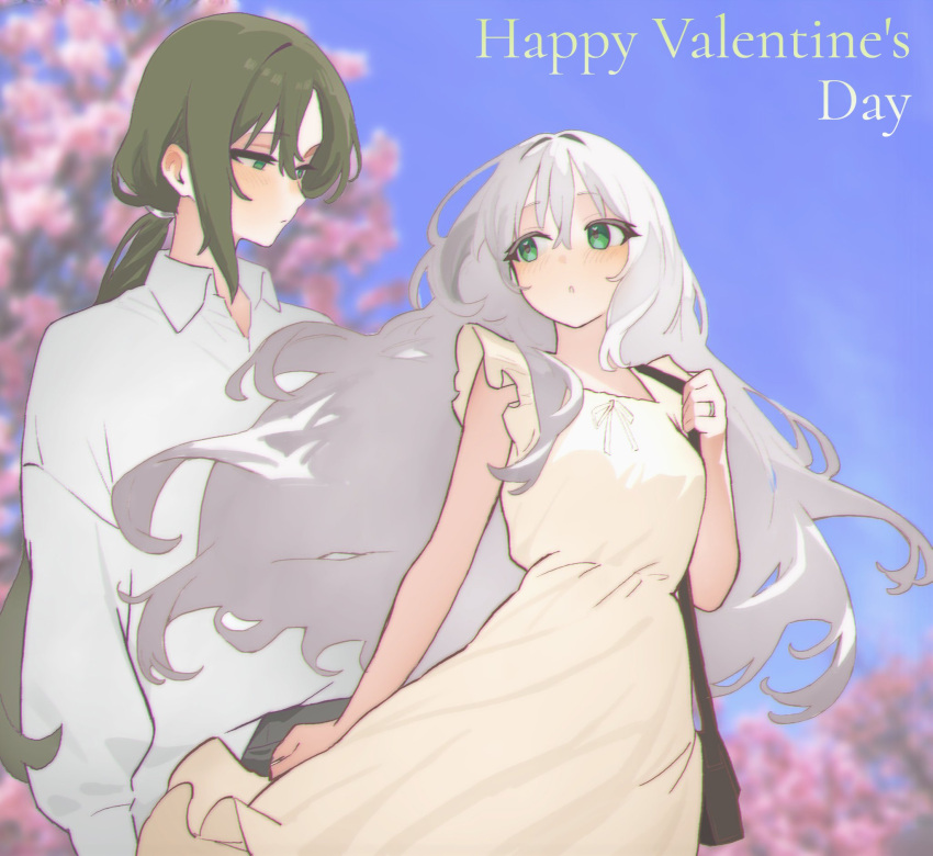 1boy, 1girl, alternate_eye_color, bag, bare_arms, blurry, blurry_background, blush