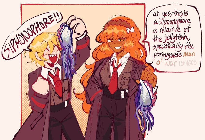 2girls, animal, arm_up, black_coat, black_pants, blush, closed_eyes, coat