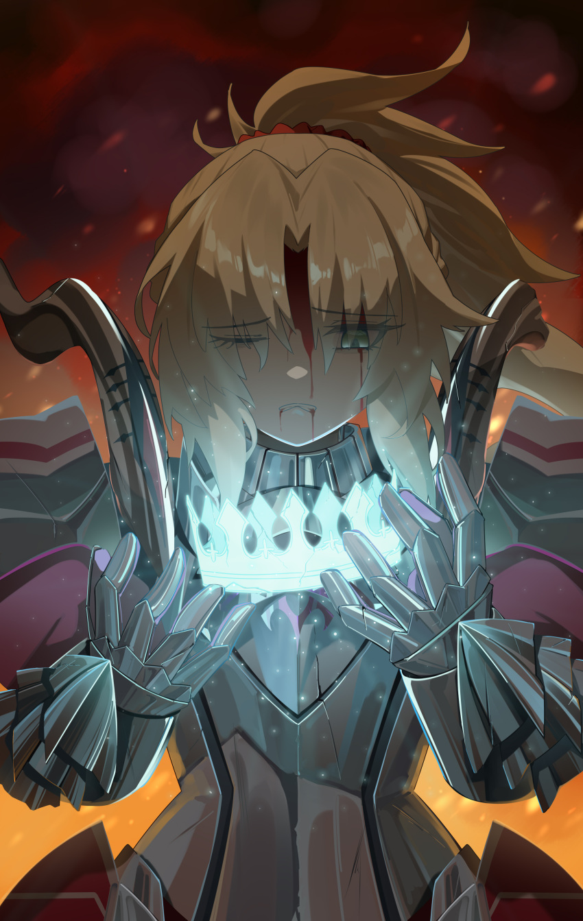 1girl, absurdres, armor, bandeau, blonde_hair, blood, blood_from_forehead, braid