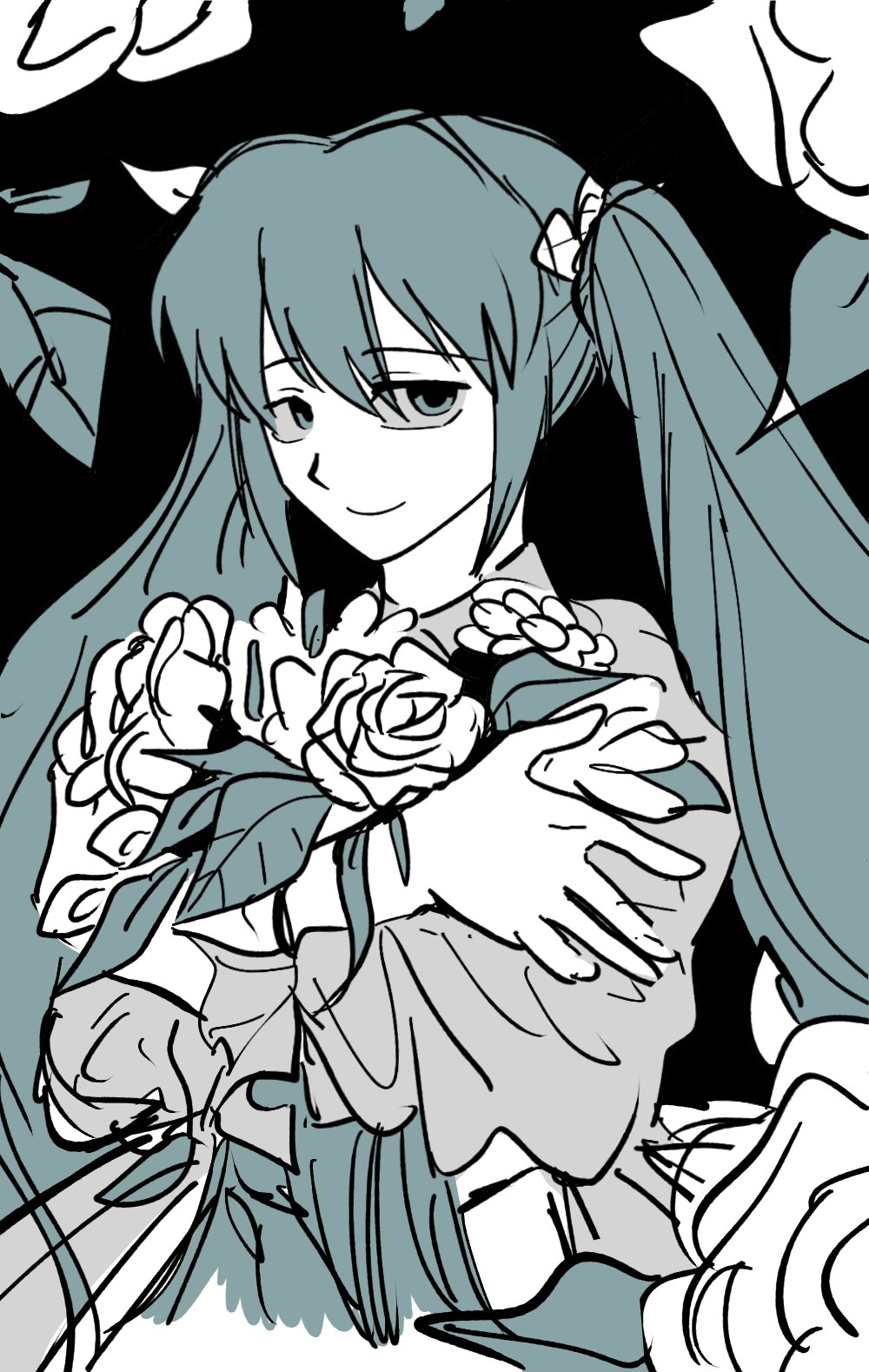 1girl, aqua_eyes, aqua_hair, bouquet, collared_dress, dress, evillious_nendaiki, flower