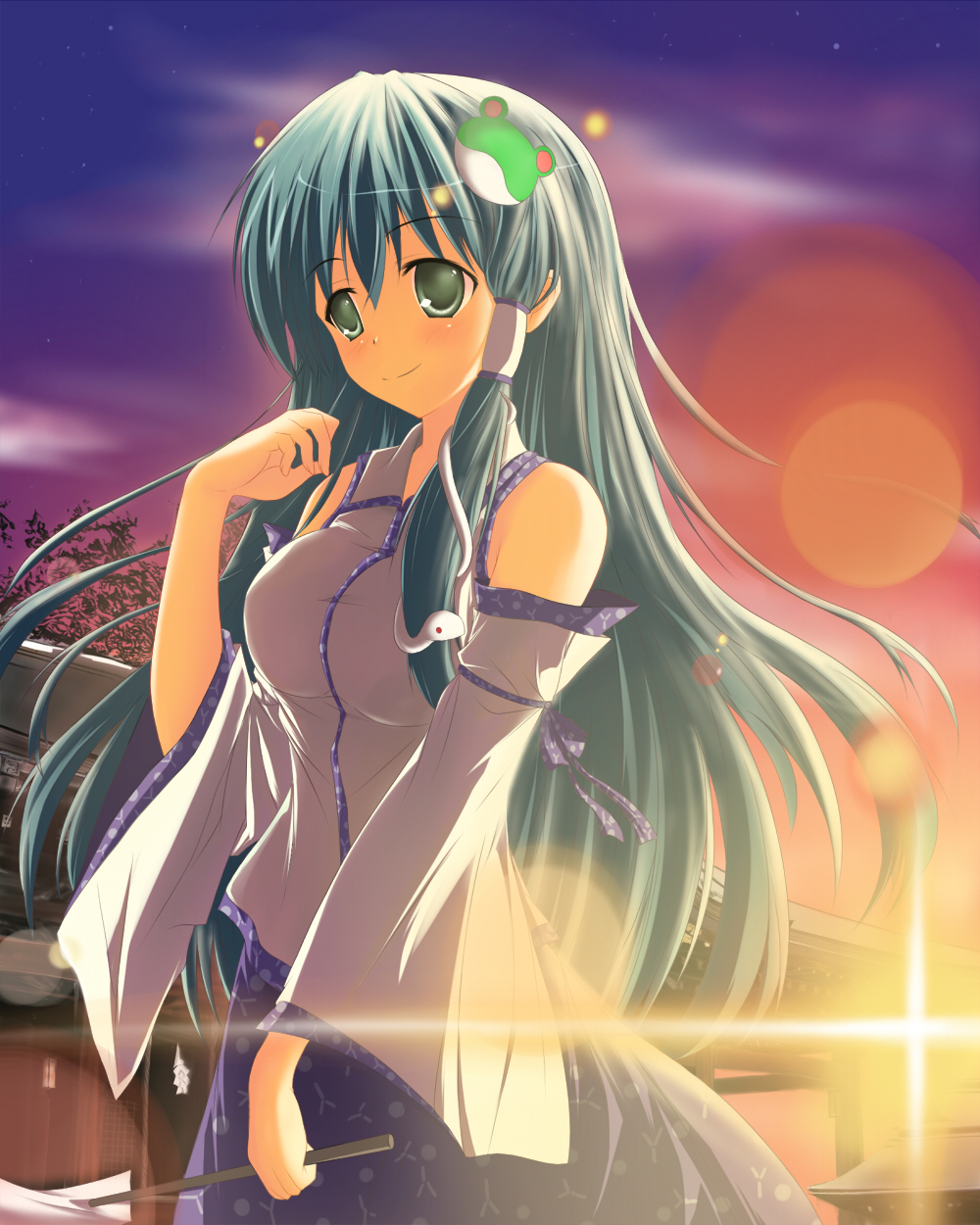 blush, frog, gohei, green_eyes, green_hair, hair_ornament, highres, kochiya_sanae