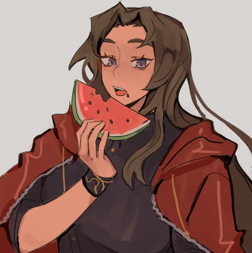 1girl, black_shirt, blue_eyes, bracelet, brown_hair, dearpupa, eating, food, food_on_face, fruit, highres, jacket, jewelry, limbus_company, liu_association_(identity)_(project_moon), long_hair, mole, mole_under_eye, parted_bangs, project_moon, red_jacket, rodion_(project_moon), shirt, simple_background, solo, upper_body, watermelon, white_background