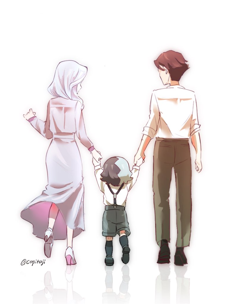 1girl, 2boys, aged_down, amethio's_mother_(pokemon), amethio_(pokemon), arms_up, brown_hair, cervantis_(pokemon)