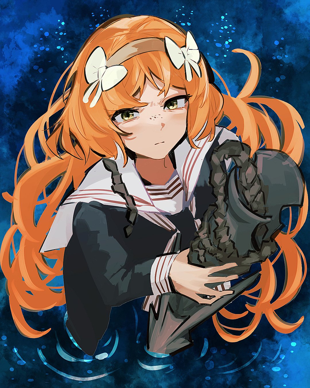 1girl, black_shirt, blue_background, bow, freckles, from_above, hair_bow, hairband, highres, holding_harpoon, ishmael_(project_moon), limbus_company, long_hair, long_sleeves, looking_at_viewer, nakame77, orange_hair, project_moon, rope, sailor_collar, sailor_shirt, shirt, snagharpoon_(e.g.o), solo, very_long_hair, wading, water