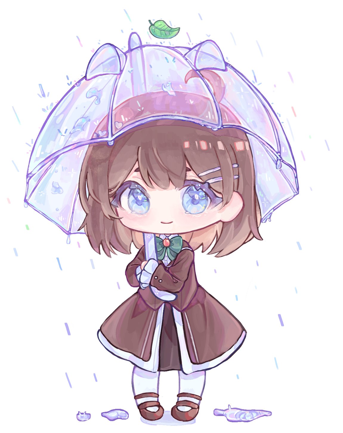 1girl, ahoge, blue_eyes, bow, bowtie, brown_coat, brown_hair, brown_shoes