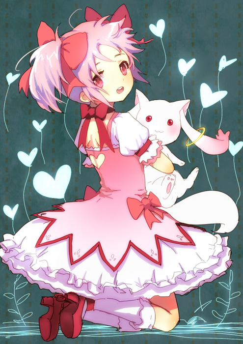 hair_ribbon, heart, hug, kaname_madoka, kneeling, kyubey, kyuubee, looking_back
