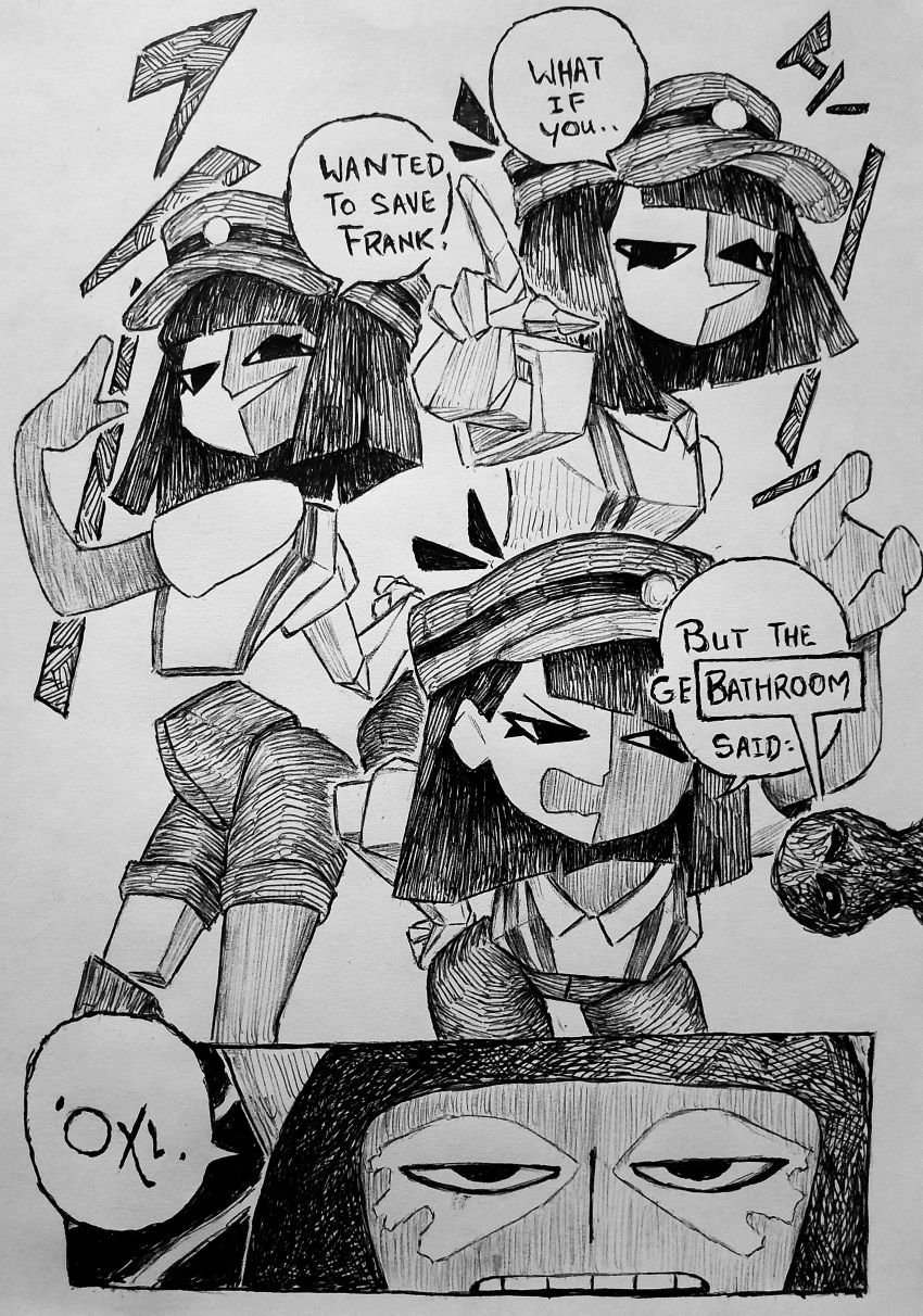 absurdres, black_hair, blunt_bangs, bob_cut, chronozbergh, commentary, ena:_dream_bbq, ena_(dream_bbq)_(joel_g), ena_(series), greek_text, greyscale, hat, highres, meanie_ena, monochrome, pointing, salesperson_ena, shirt, shorts, smile, speech_bubble, split-color_skin, suspenders, teeth, theodora_(ena), traditional_media, translated, upper_teeth_only