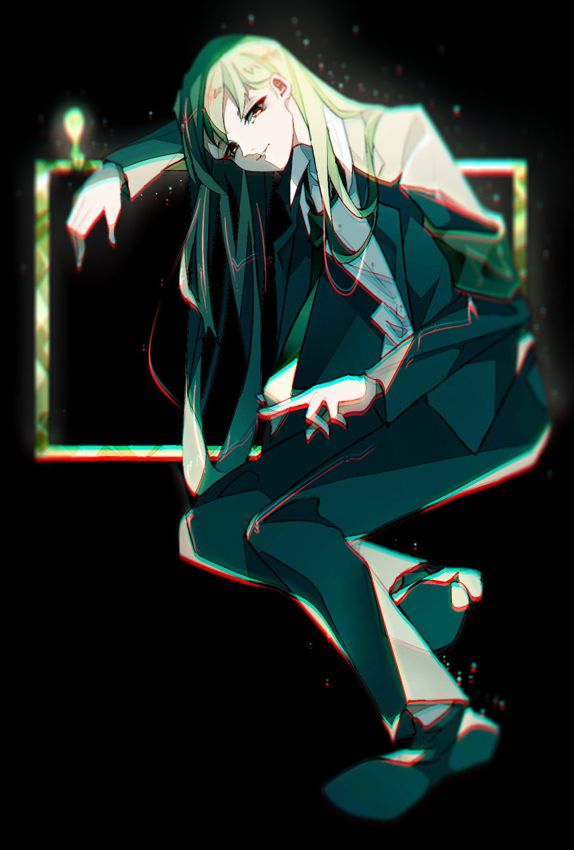 1boy, armband, black_suit, chromatic_aberration, dress_shirt, floor_of_art's_glowing_creature, full_body, green_armband