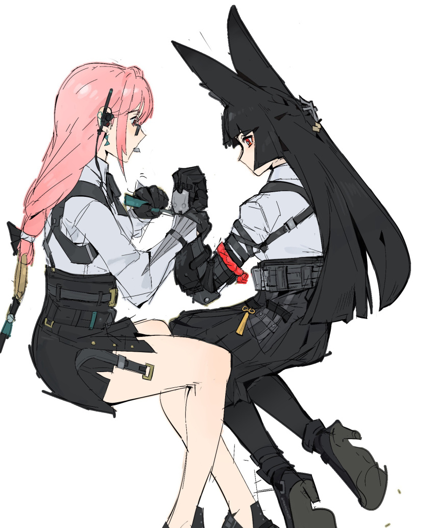 1girl, animal_ears, black_boots, black_gloves, black_hair, black_pantyhose, black_skirt, blunt_bangs