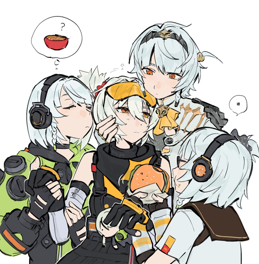 4girls, anby_demara, anby_demara_(silver_soldier), black_gloves, brown_eyes, bucket, closed_eyes, closed_mouth