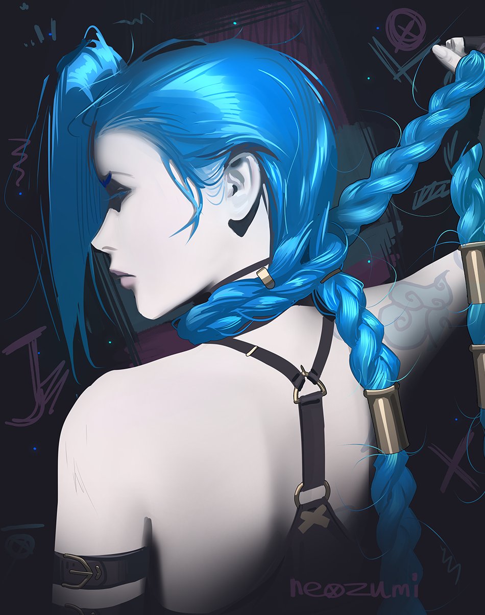 1girl, arcane:_league_of_legends, arcane_jinx, arm_tattoo, arm_up, artist_name, asymmetrical_bangs, blue_hair