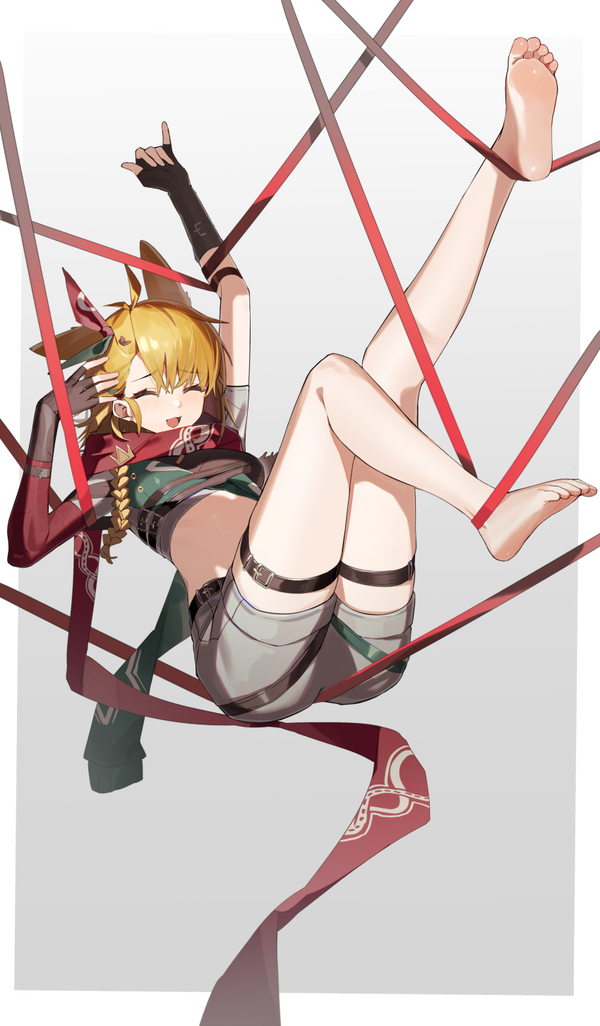 absurdres, animal_ears, arknights, barefoot, blonde_hair, bound, closed_eyes, cool_est