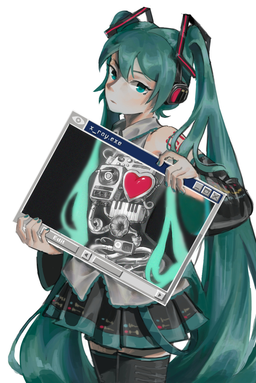 1girl, android, aqua_eyes, aqua_hair, asly-y, cable, cardiogram, commentary
