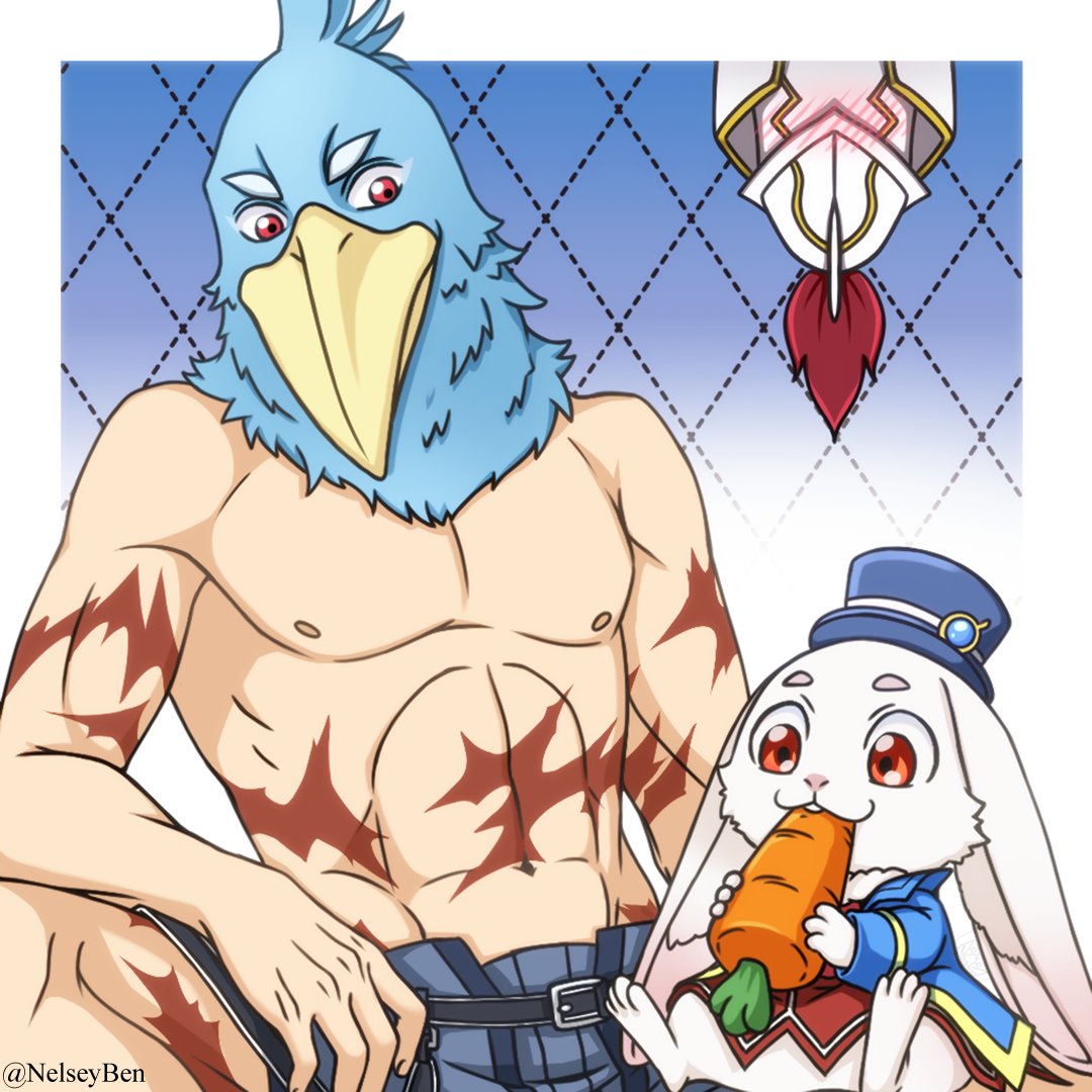 1boy, 2others, belt, blue_jacket, blush, bnelsey, carrot, emul_(shangri-la_frontier)