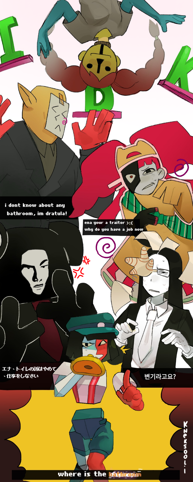 2boys, 4girls, black_eyes, black_hair, blunt_bangs, blunt_ends, bob_cut, braid