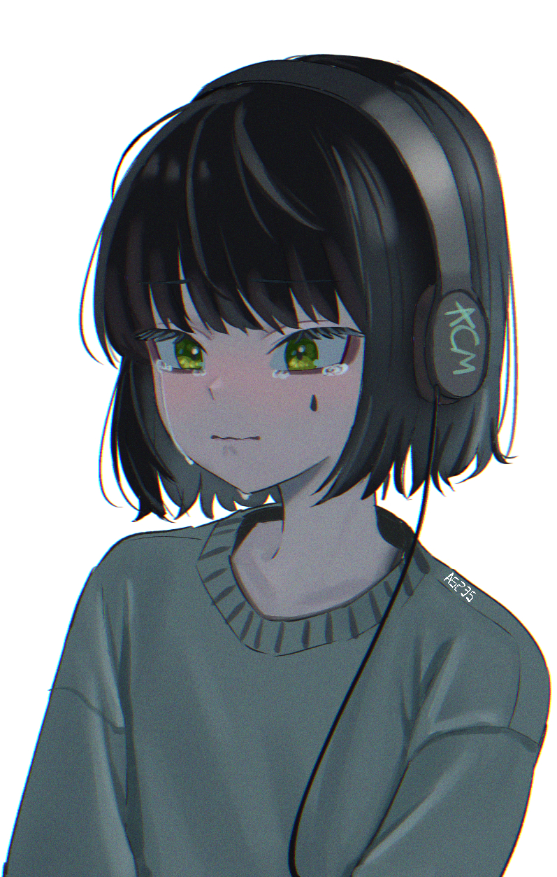 a5235, closed_mouth, death_hammer_chouloky, green_eyes, headphones, highres, long_sleeves, short_hair