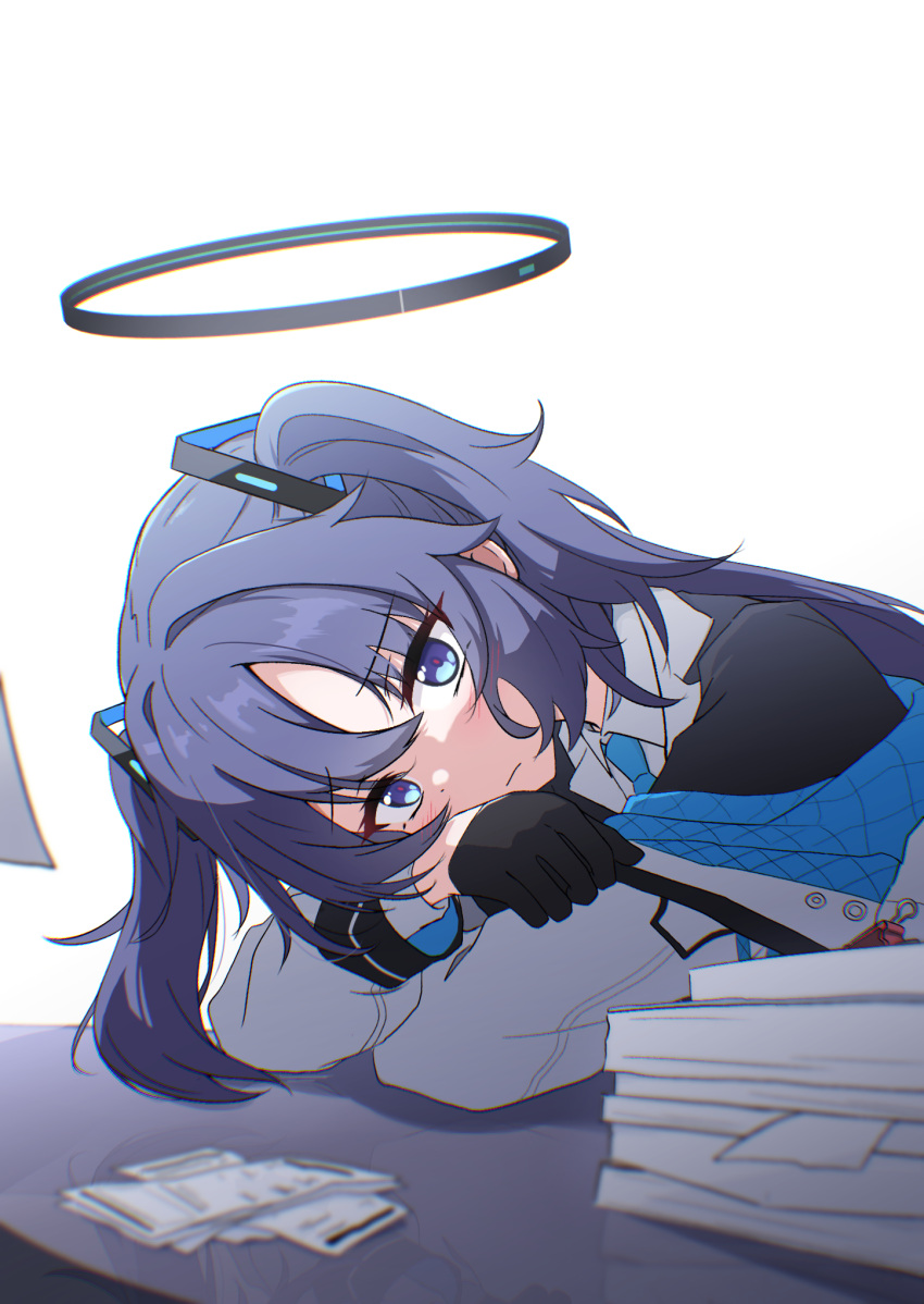 1girl, black_gloves, black_halo, blue_archive, blue_eyes, blue_hair, closed_mouth, gloves