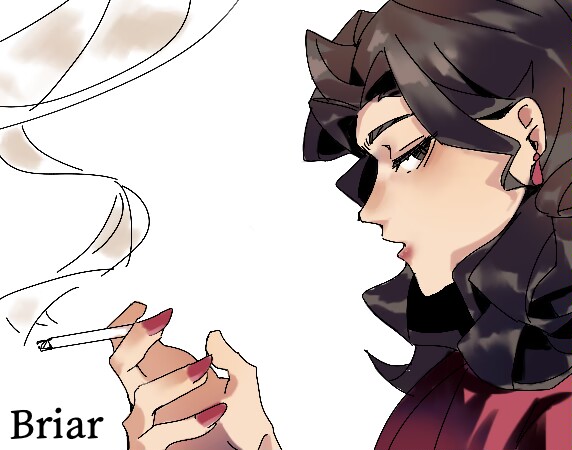 1girl, black_eyes, black_hair, briar_(degrees_of_lewdity), briar_(female)_(degrees_of_lewdity), celiavein, character_name, cigarette, degrees_of_lewdity, from_side, holding, holding_cigarette, long_hair, open_mouth, red_nails, simple_background, solo, upper_body, white_background