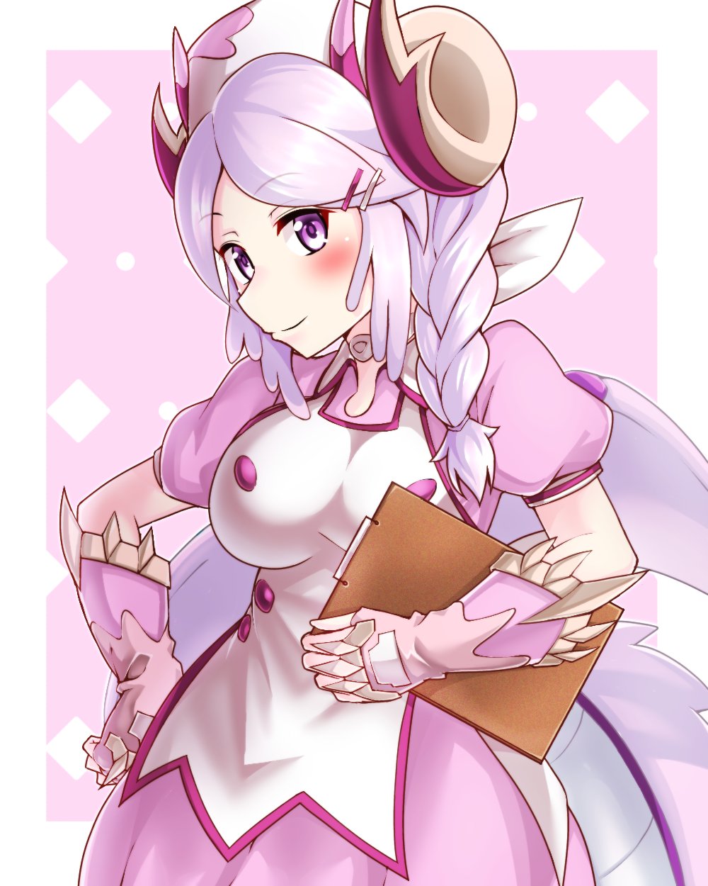 1girl, blush, braid, breasts, clipboard, closed_mouth, dragon_girl, dragon_horns