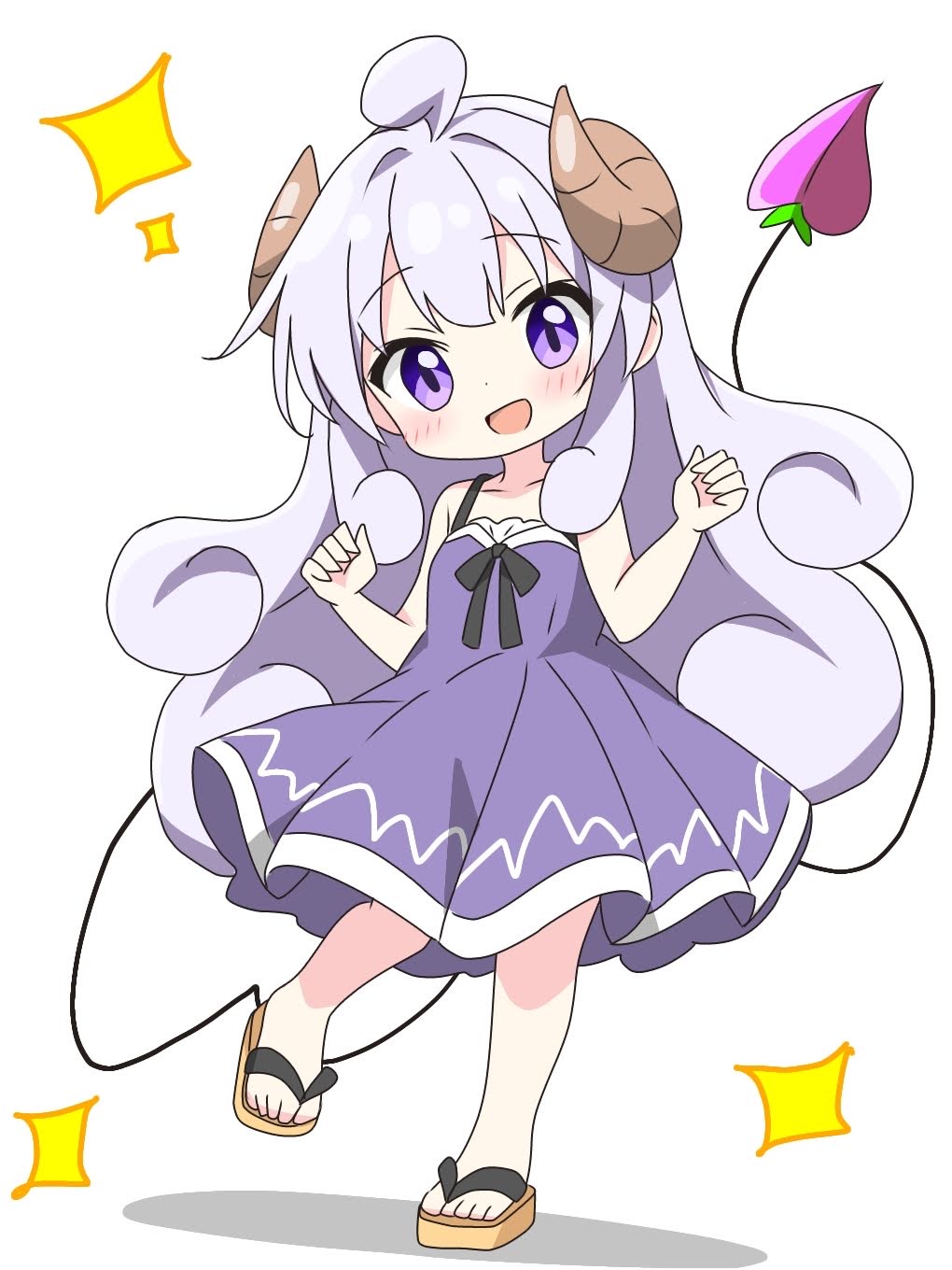1girl, :d, ahoge, bare_arms, bare_shoulders, black_ribbon, blush, brown_horns