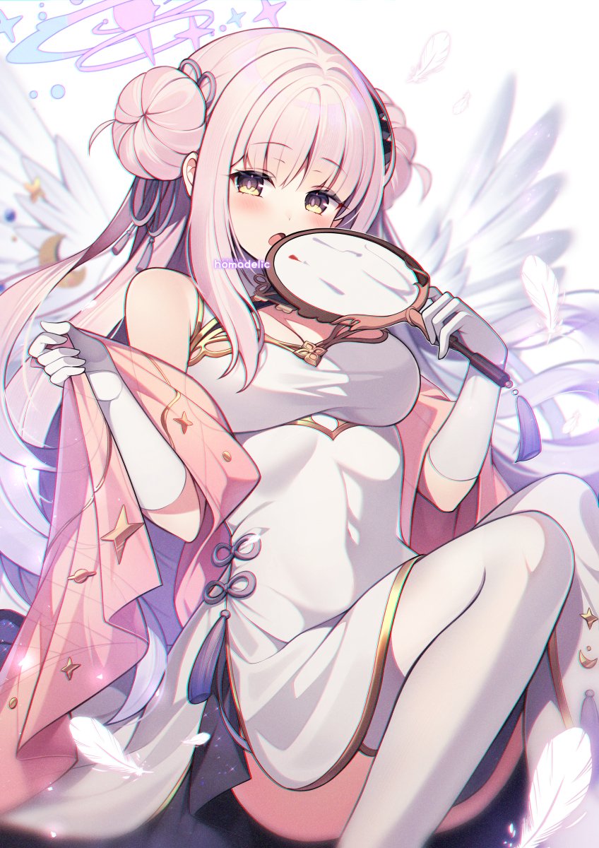 1girl, blue_archive, blush, breasts, china_dress, chinese_clothes, double_bun, dress