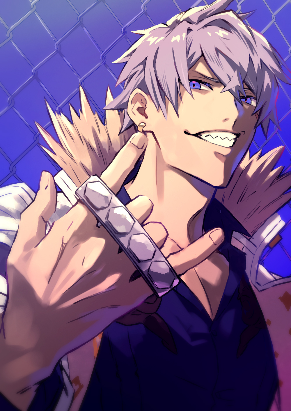 1boy, \m/, blue_shirt, brass_knuckles, chain-link_fence, crossed_bangs, earrings, fence