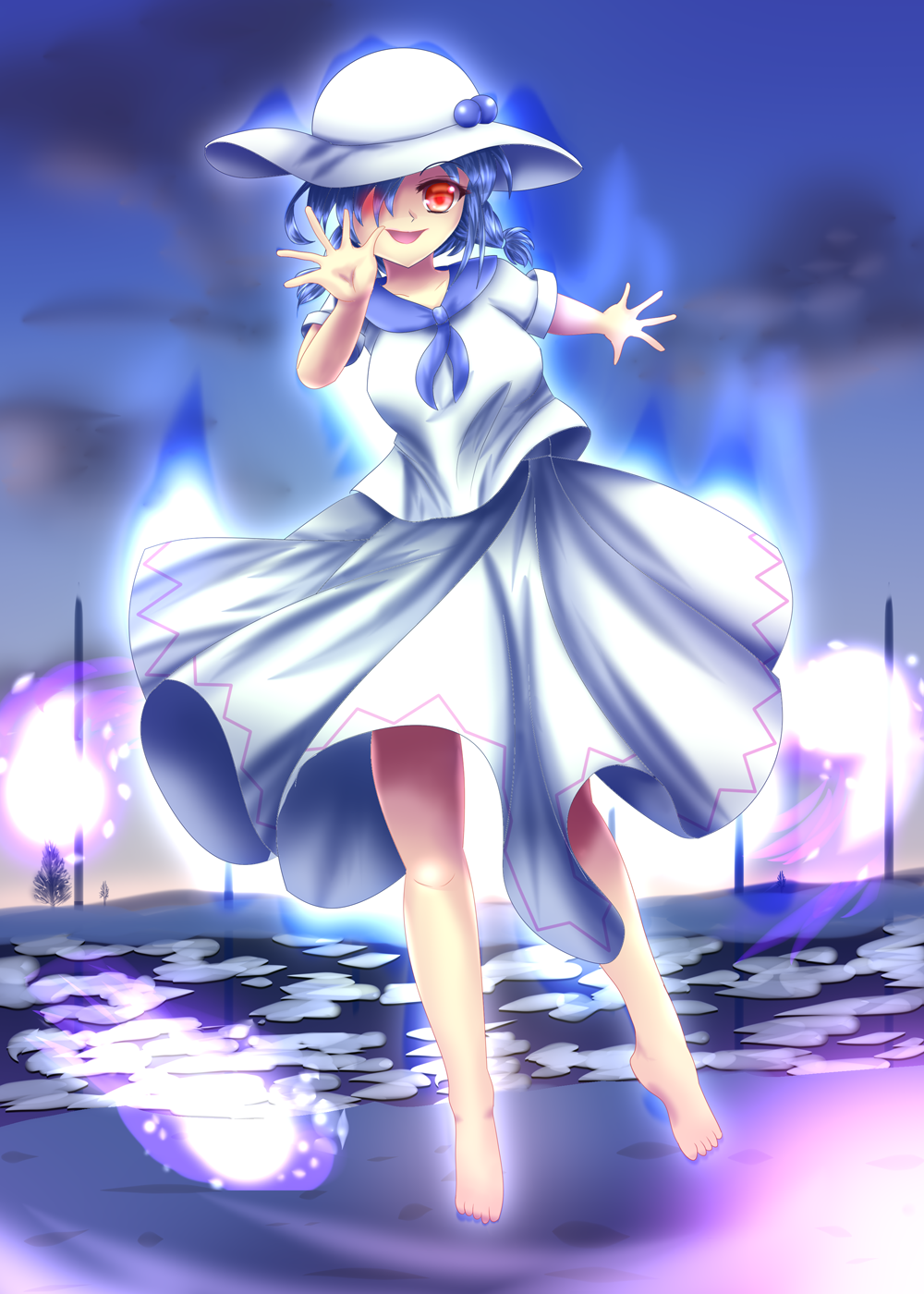 1girl, barefoot, blue_hair, blue_sailor_collar, dress, hat, highres, korumoran