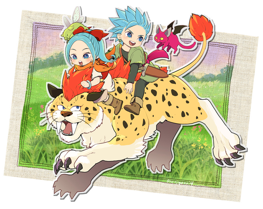 1other, 2boys, 2girls, :d, aged_down, bat_wings, blue_eyes, blue_hair