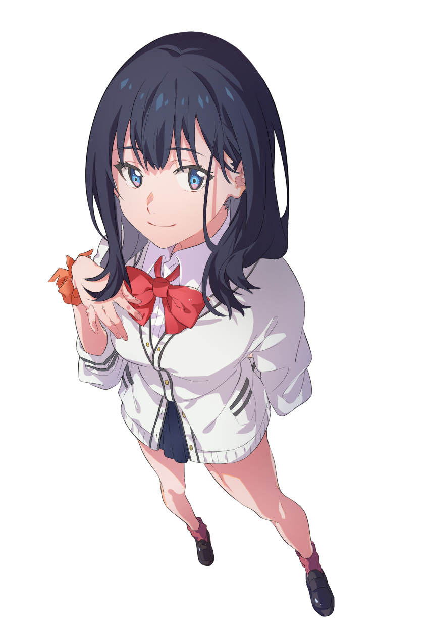 1girl, arm_behind_back, black_hair, black_skirt, blue_eyes, bow, cardigan, from_above