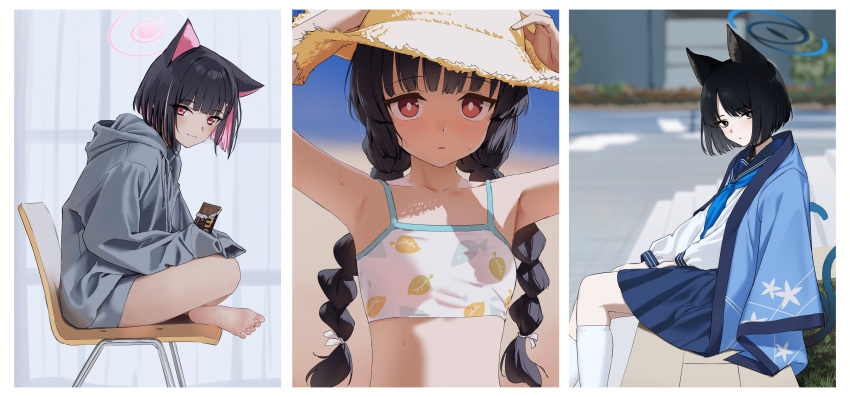 3girls, absurdres, animal_ears, armpits, black_eyes, black_hair, blue_archive, blue_halo