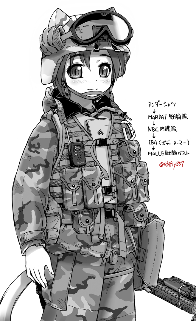 1girl, animal_ear_headwear, bulletproof_vest, camouflage, cat_tail, combat_helmet, commentary_request, ebifly