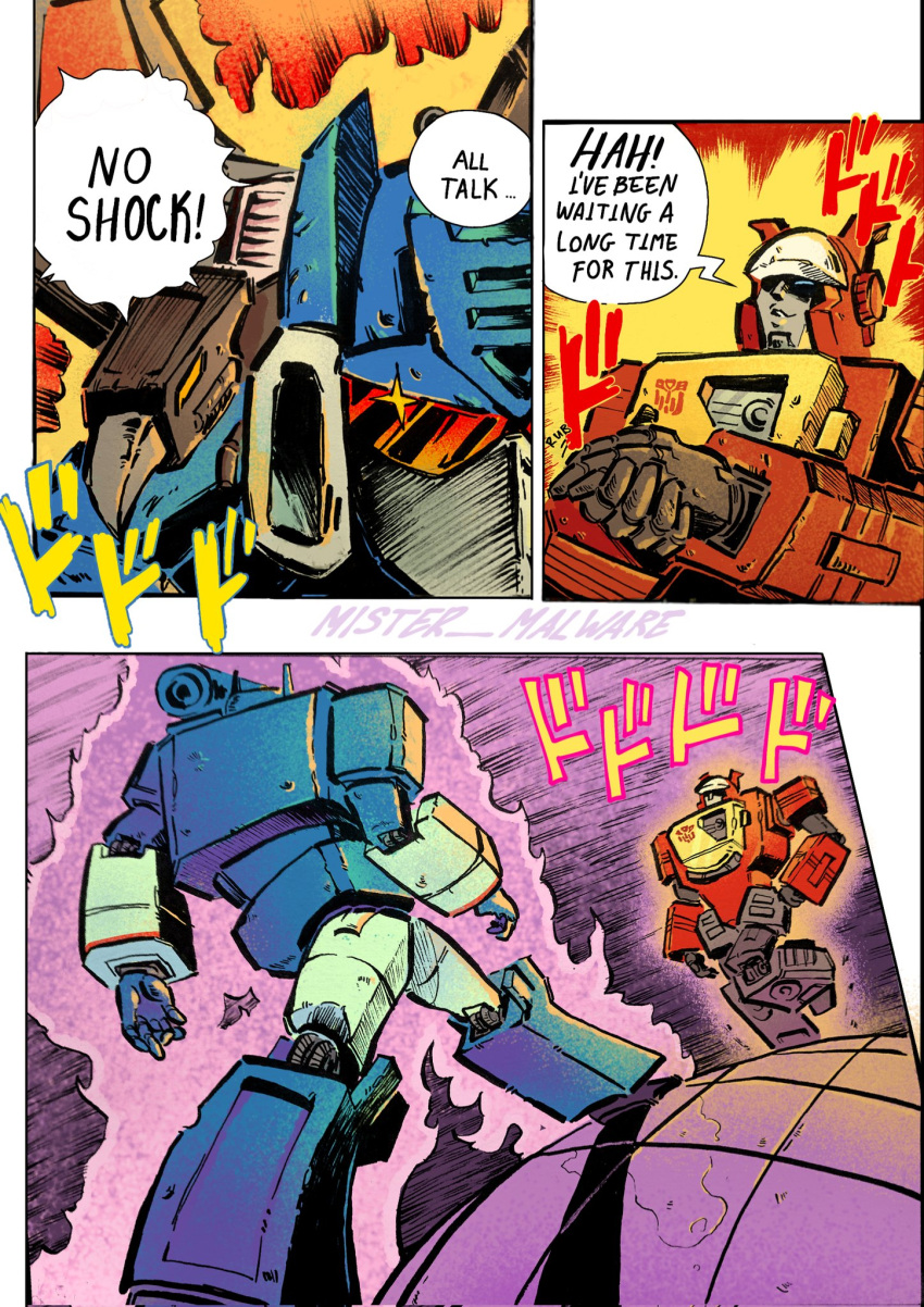artist_name, aura, blaster_(transformers), blue_eyes, decepticon, english_commentary, english_text, highres, jojo_no_kimyou_na_bouken, laserbeak, mecha, mecha_focus, meme, menacing_(jojo), mist3r_malware, no_humans, oh?_you're_approaching_me?_(meme), own_hands_together, parted_lips, robot, scene_reference, shadow, smile, soundwave_(transformers), sparkle, speech_bubble, stardust_crusaders, transformers, transformers:_generation_1, walking