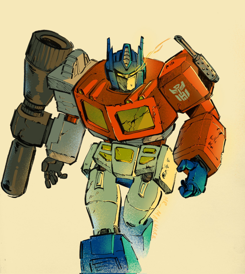 arm_cannon, artist_name, autobot, english_commentary, eye_trail, highres, light_trail, mecha, mecha_focus, mist3r_malware, no_humans, open_hand, optimus_prime, optimus_prime_(skybound), robot, science_fiction, transformers, transformers_(skybound), walking, weapon, yellow_background, yellow_eyes
