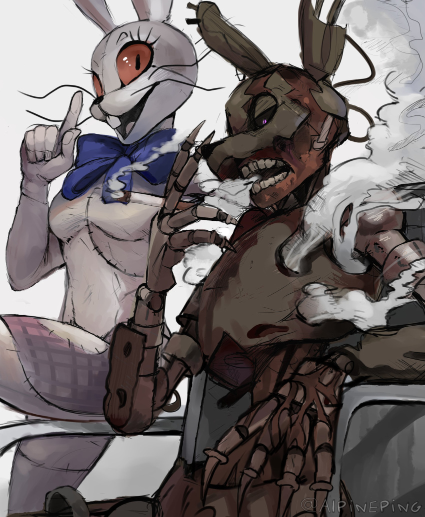 1boy, 1girl, :d, absurdres, alpineping, animal_costume, animal_ears, animatronic
