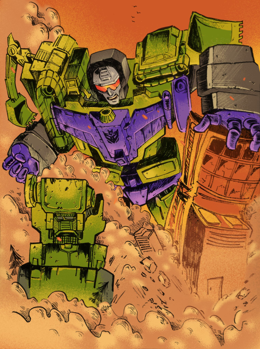building, clenched_hand, decepticon, devastator_(transformers), highres, mecha, mecha_focus, mist3r_malware, no_humans, open_mouth, orange_background, robot, science_fiction, smoke, solo, transformers, transformers_(skybound)