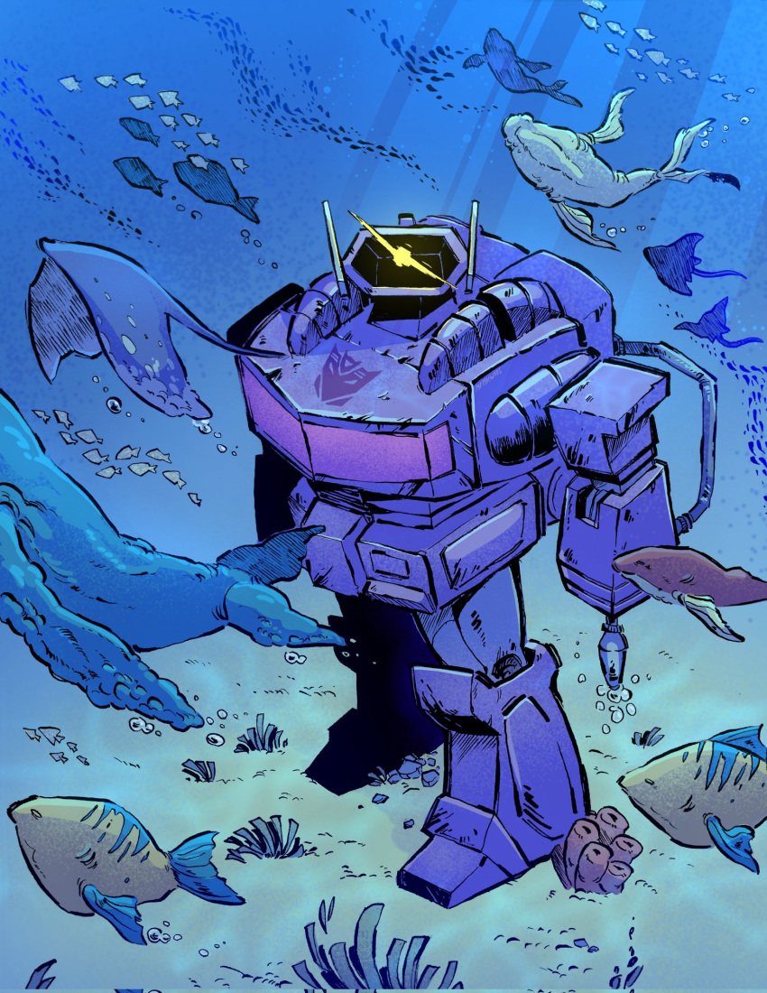 arm_cannon, cable, coral, decepticon, eye_trail, fish, highres, light_trail