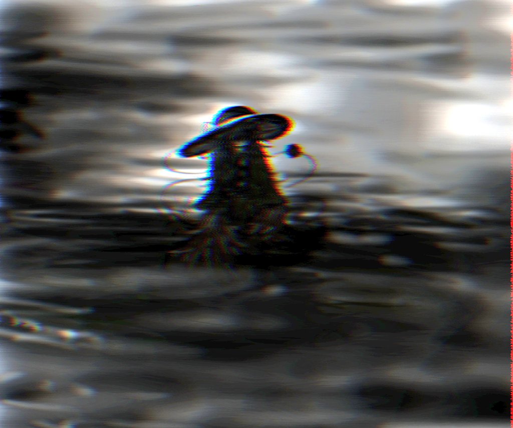 1girl, black_hat, chromatic_aberration, eyeball, film_grain, greyscale, hat, hat_ribbon