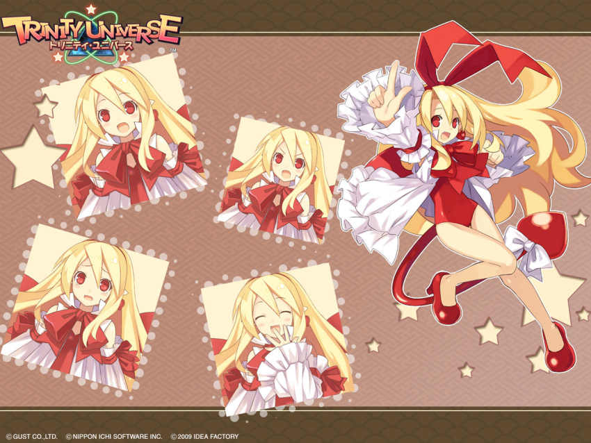 1girl, 2009, bat_wings, blonde_hair, blush, brown_background, closed_eyes, demon_tail