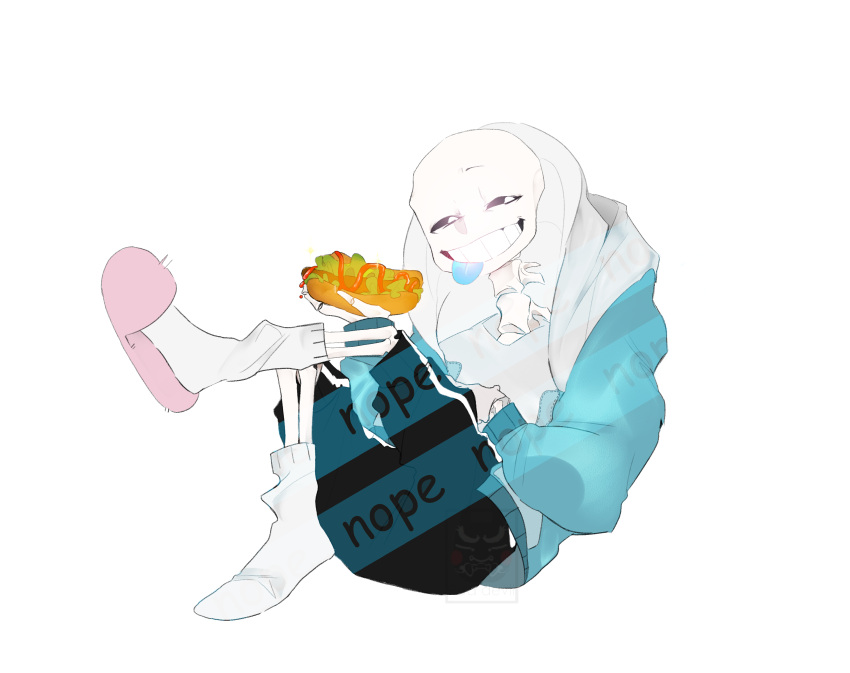 1boy, 2019, 2d, black_shorts, blue_jacket, blue_tongue, colored_tongue, digital_media, food, full_body, highres, holding, holding_food, hood, hood_up, hooded_jacket, hot_dog, humanoid, jacket, kan_meatlord, male, male_only, monster, monster_boy, open_jacket, pink_slippers, sans_(undertale), shirt, shorts, simple_background, skeleton, slippers, socks, solo, teeth, tongue, tongue_out, transparent_background, undead, undertale, utdr_(toby_fox), variant_set, watermark, white_shirt, white_socks