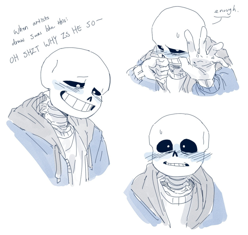 1boy, 2025, 2d, blue_jacket, blush, cropped_shoulders, digital_media, english_text, flustered, highres, hood, hood_down, hooded_jacket, humanoid, jacket, lina_gtk, male, male_only, monster, monster_boy, multiple_views, open_jacket, sans_(undertale), shirt, shy, simple_background, skeleton, solo, teeth, text, undead, undertale, variant_set, white_background, white_shirt