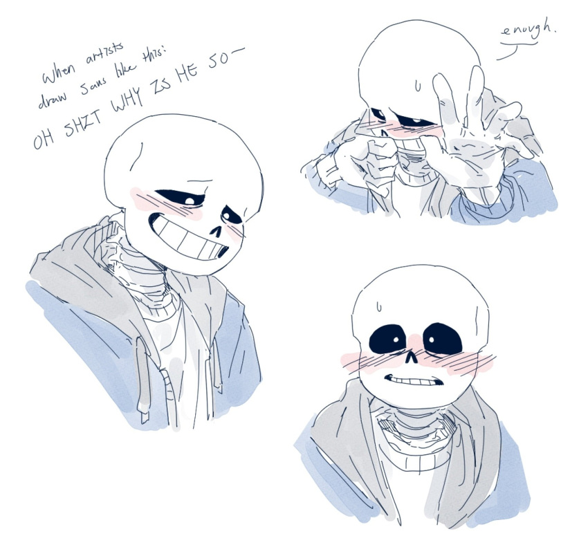 1boy, 2025, 2d, blue_jacket, blush, cropped_shoulders, digital_media, english_text, flustered, highres, hood, hood_down, hooded_jacket, humanoid, jacket, lina_gtk, male, male_only, monster, monster_boy, multiple_views, open_jacket, sans_(undertale), shirt, shy, simple_background, skeleton, solo, teeth, text, undead, undertale, variant_set, white_background, white_shirt