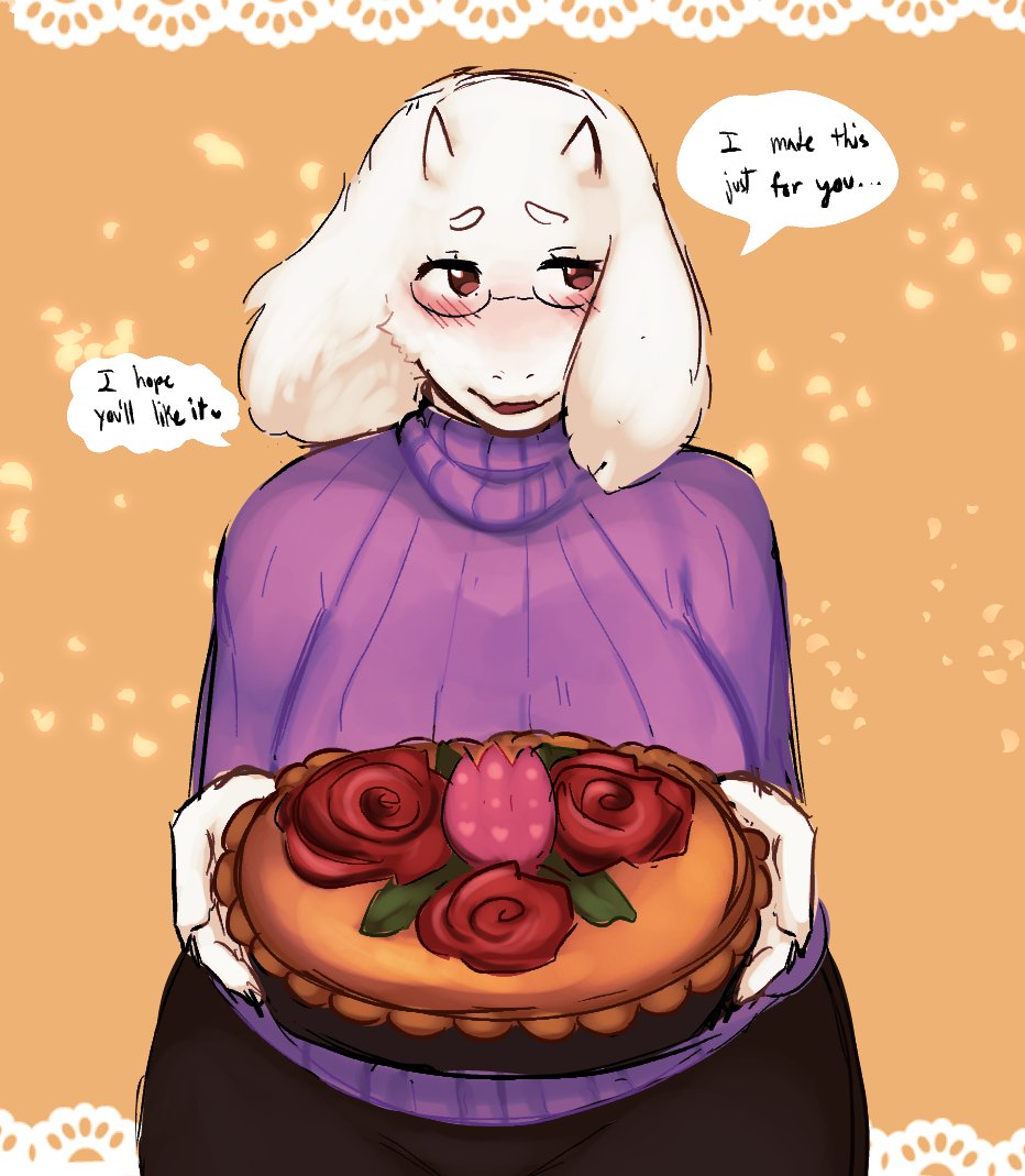 1girl, 2025, 2d, alternate_costume, anthro, blush, digital_media, english_text, female, female_only, floppy_ears, food, furry, furry_female, goat, goat_ears, goat_girl, goat_horns, gumiboomy, holding, holding_food, horns, mammal, monster, monster_girl, orange_background, pastry, pie, purple_sweater, simple_background, solo, speech_bubble, sweater, text, toriel, undertale, white_fur, white_horns
