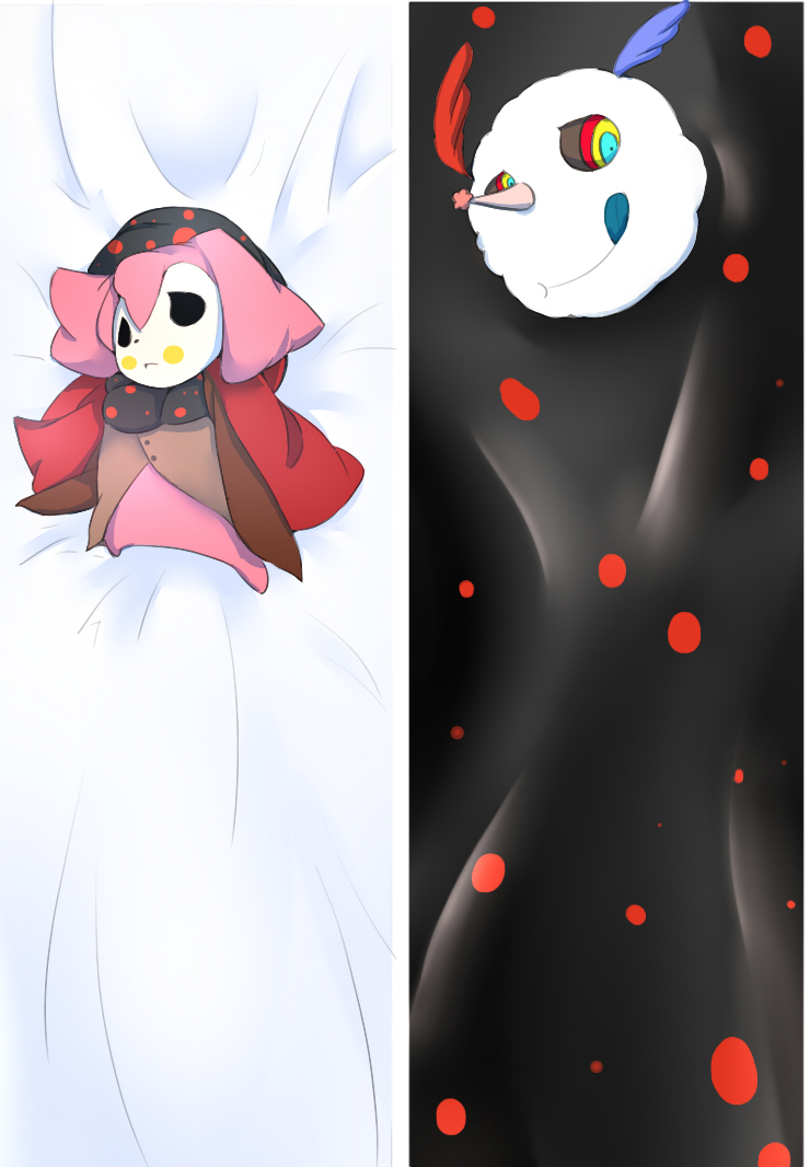 artist_request, charlotte_(madoka_magica), coat, creature, dakimakura, dual_persona, frown, hat