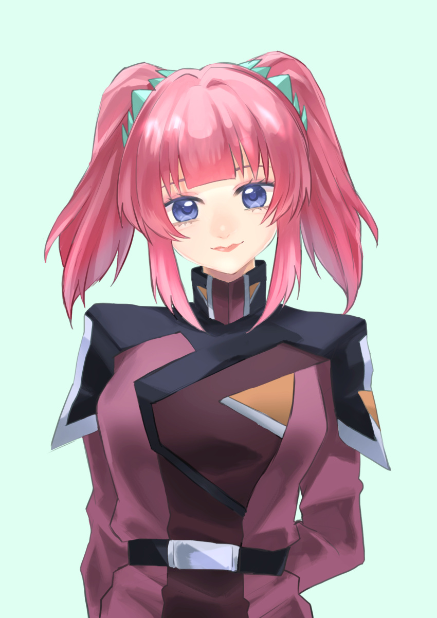 1girl, agnes_giebenrath, arm_behind_back, belt, black_belt, blue_background, blue_eyes, breasts