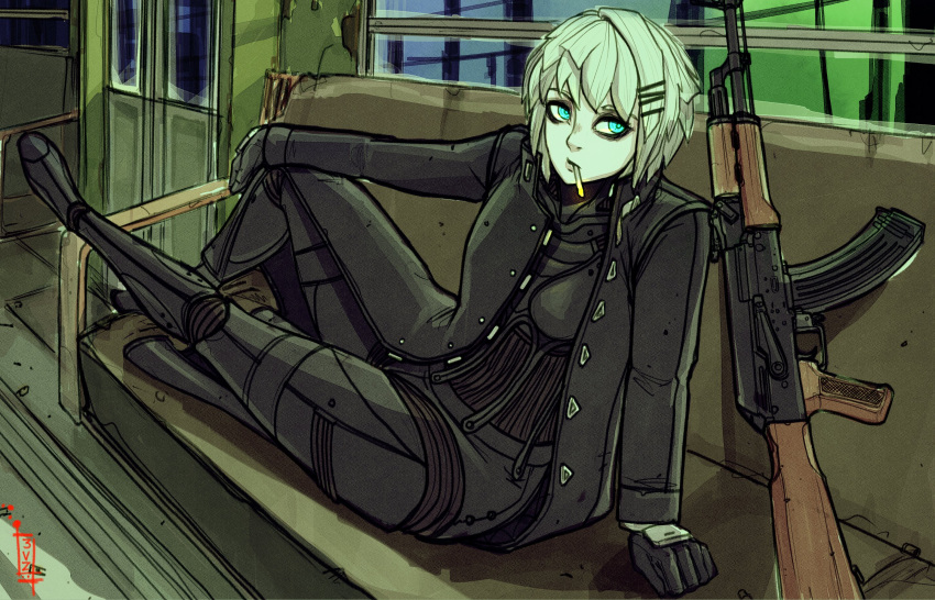 1girl, ak-47, akm, assault_rifle, bags_under_eyes, black_bodysuit, black_coat, blue_eyes