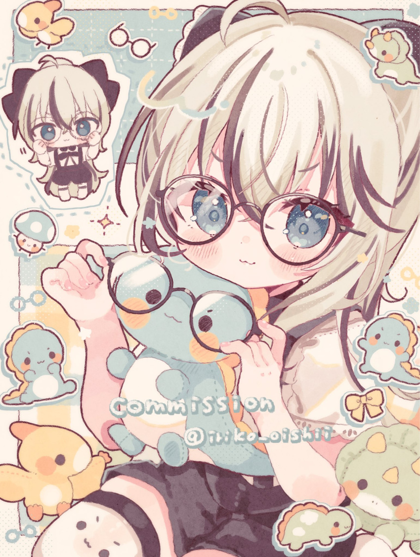 ._., 1girl, :3, ahoge, blue_background, blue_eyes, blush, blush_stickers