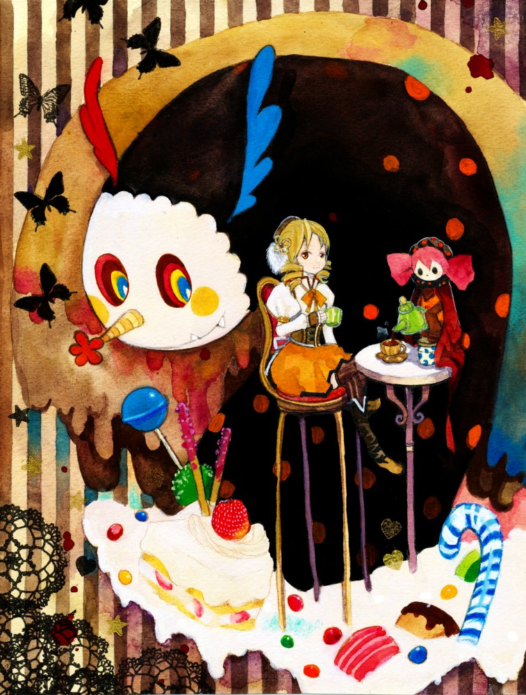 butterfly, cake, candy, chair, charlotte_(madoka_magica), crossed_legs, cup, fang